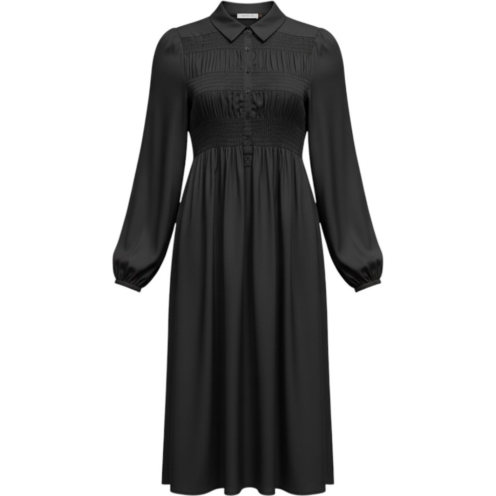 Mustard Seed Black Satin Smocked Midi Dress Long Sleeve Button Front Size S